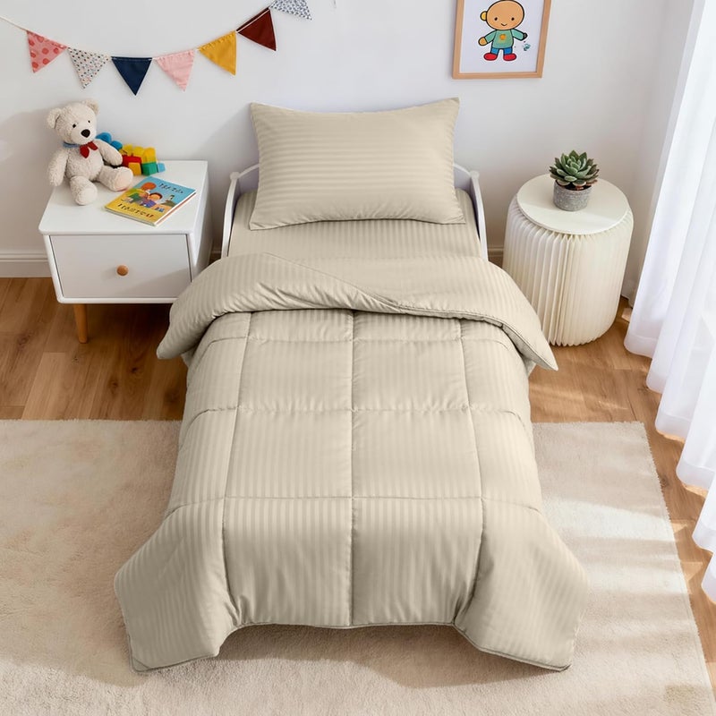ZPECC Toddler Bedding Set - 4 Piece Hypoallergenic Baby Crib Bedding Set for Boys and Girls, Includes Toddler Comforter, Flat Sheet, Fitted Sheet and Pillowcase, Cream Stripe - Image 1